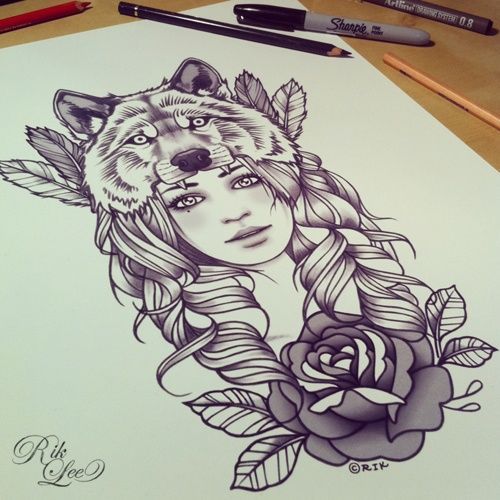 500x500 Love The Idea Of A Woman With A Wolf And Flowers (But Don'T Like
