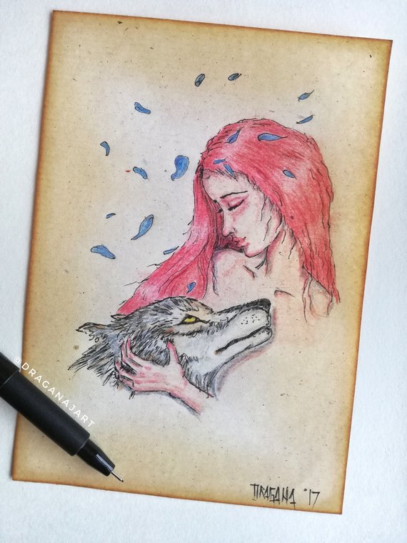 570x760 Wolf Woman Original Artwork Woman Drawing Wolf Drawing
