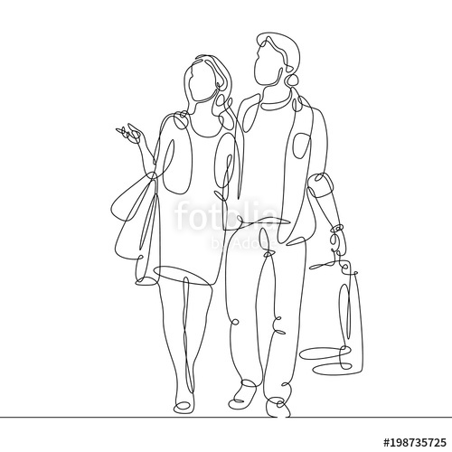 500x500 Continuous Line Drawing Of Man And Woman Shopping With Bags