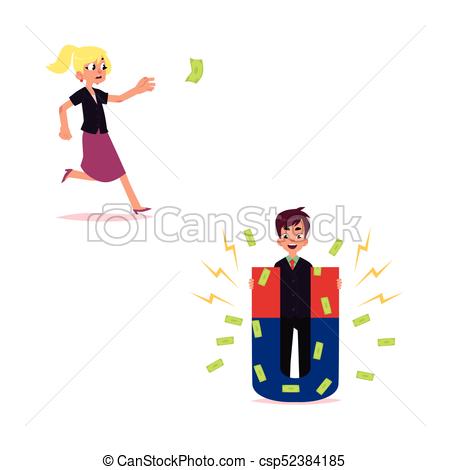 450x470 Woman Running After Flying Money, Man With Magnet. Woman Vector