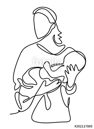 365x500 Pretty Woman Holding A Newborn Baby In Her Arms. Continuous Line