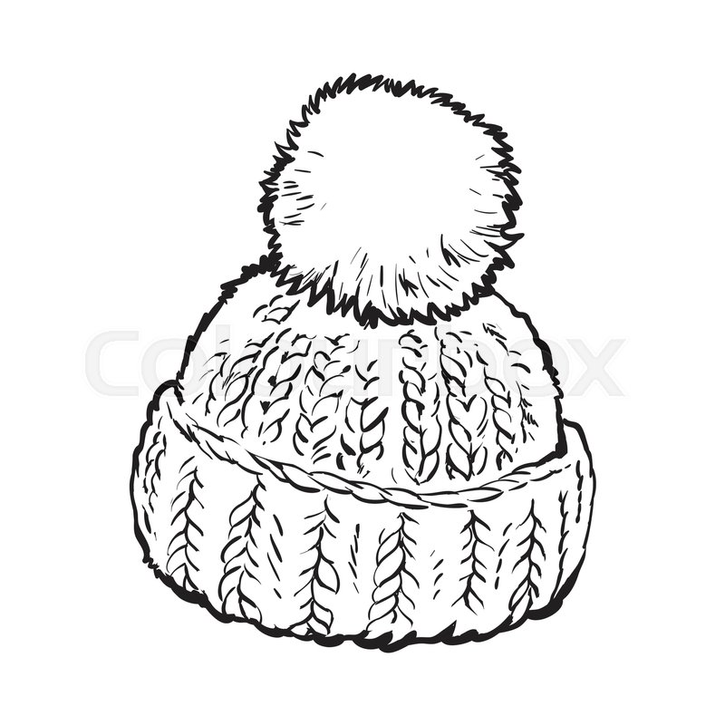 800x800 Bright Winter Knitted Hat With Pompon, Sketch Style Vector