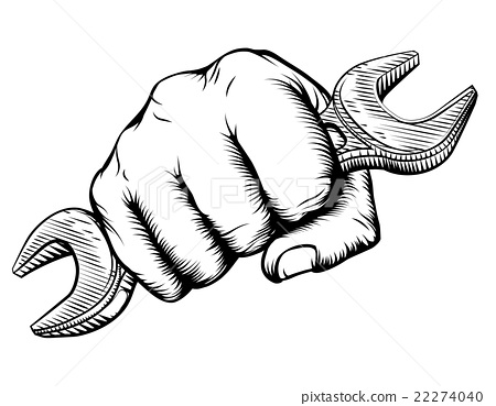 450x369 Woodcut Fist Hand Holding Spanner Wrench