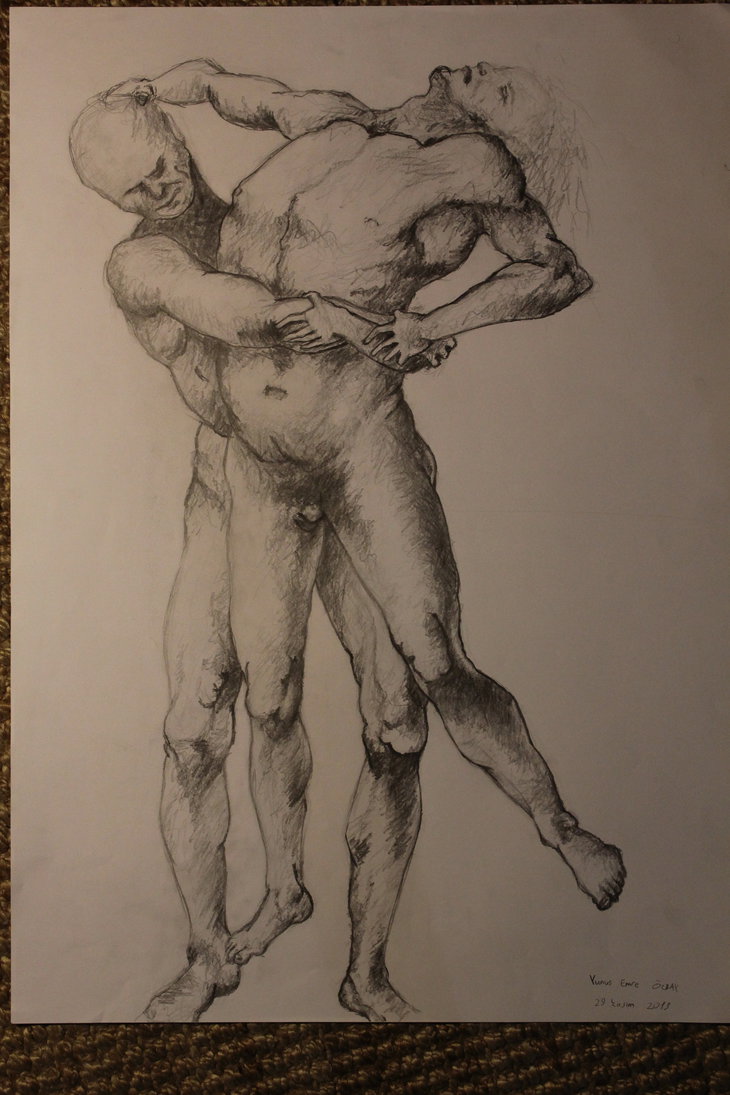 730x1095 Wrestling, Hercules And Anteaus, Pencil Drawing By Lyathern
