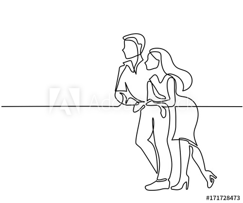 500x417 Continuous Line Drawing. Young Couple Standing And Leaning