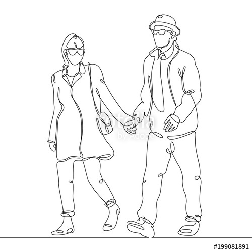 500x500 Continuous Line Drawing Of Young Couple, Together Happy Older