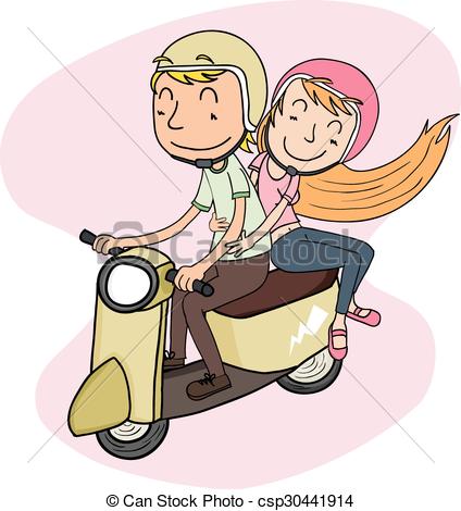 424x470 Cartoon Young Couple Riding A Scooter Vector Clip Art