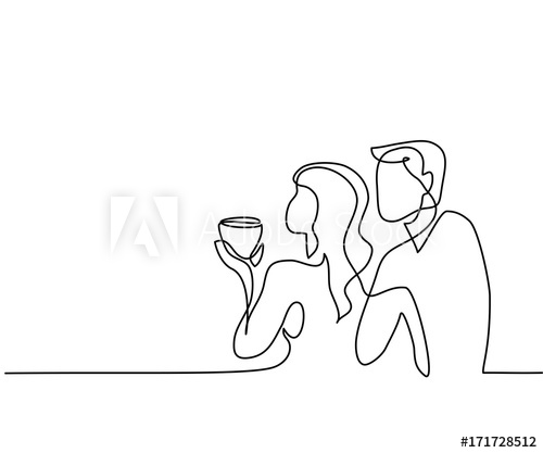 500x417 Continuous Line Drawing. Young Couple Drinking Coffee. Vector