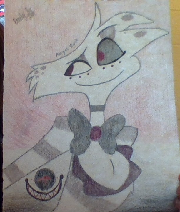Angel Dust is a fictional male character from the youtube series Hazbin Hotel. This show takes places in hell where they are working with another character to rehabilitate demons. This character is mostly pink, black, and white.