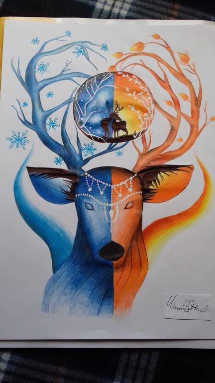 Deer drawing with colored pencils.