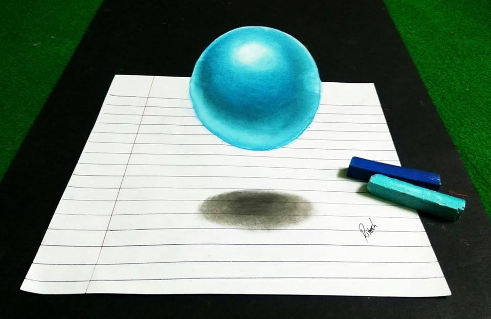 Step by step drawing of floating sphere on paper can be watched on channel 3dart4you on youtube