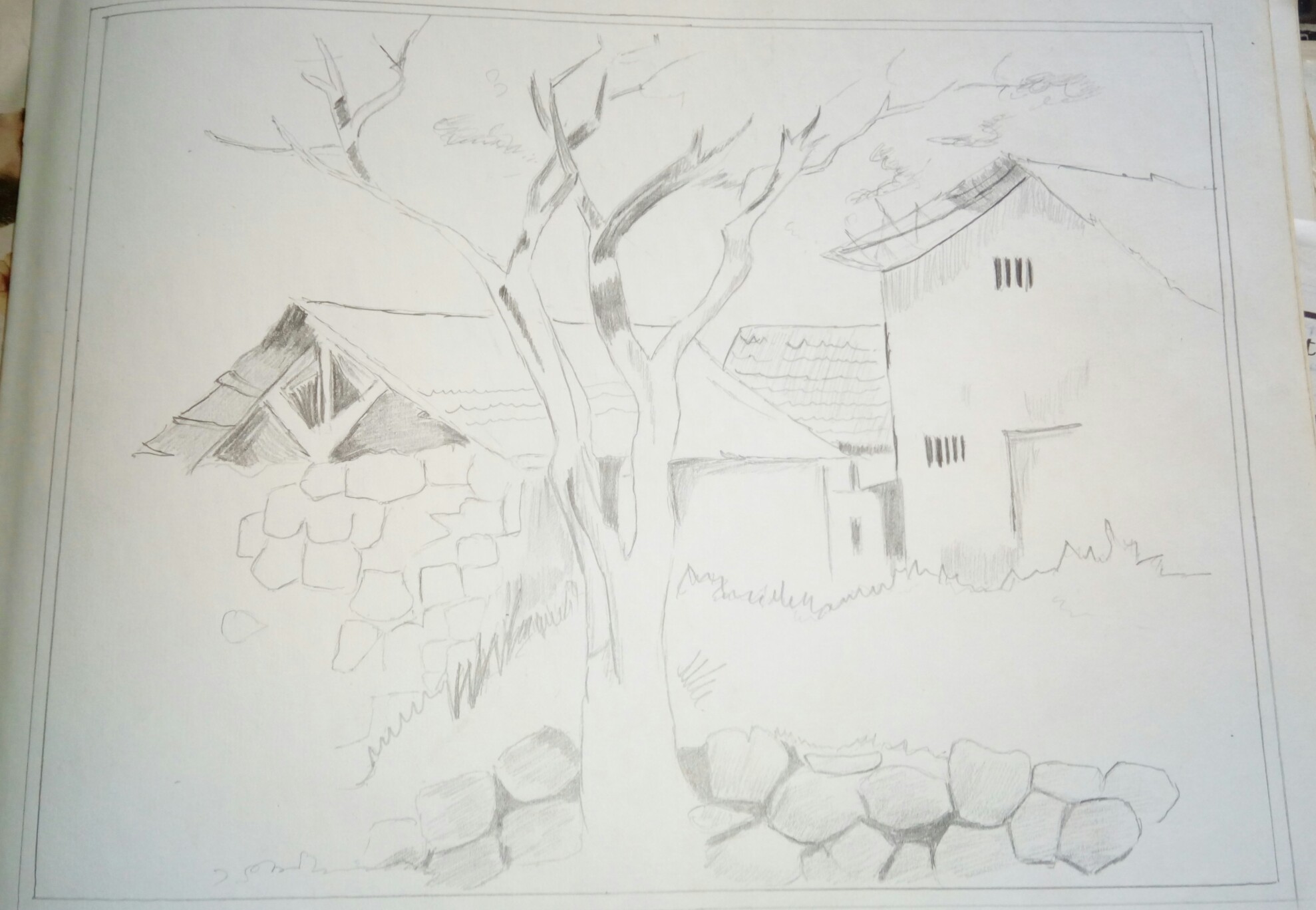This is a scenery of a village. I have found this picture in a cover of a drawing exercise book. I have tried to recreate it in my own way. Only HB pencil has been used in the picture.