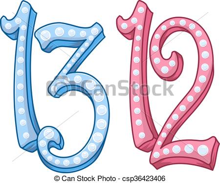 450x375 Pink Blue Shiny Number 12 13 For Bar Bat Mitzvah. Vector