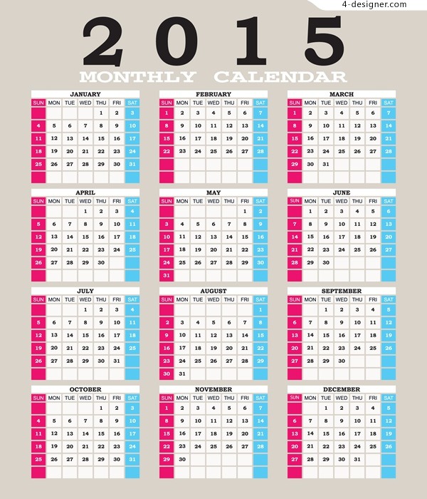 600x700 4 Designer 2015 Full Year Calendar Vector 03