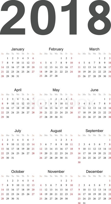 435x800 European 2018 Year Vector Calendar Stock Vector Colourbox