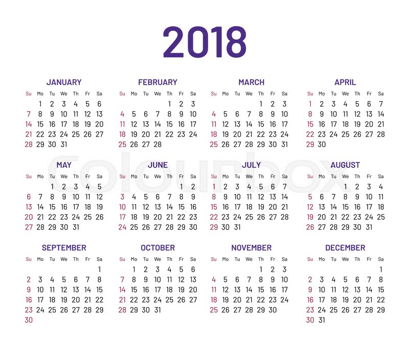 800x680 Simple Wall Calendar 2018 Year, Flat, Isolated. Plain Annual Chart