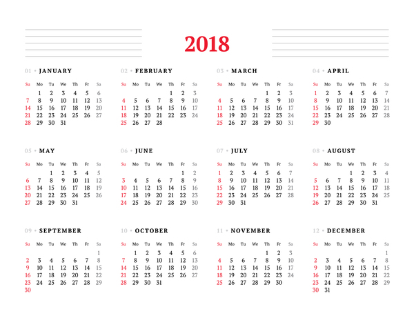 600x464 White 2018 Calendar Template Vector Free Download