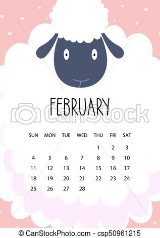 317x470 Cute Month Calendar Design For 2018 Year. February. A4 Format
