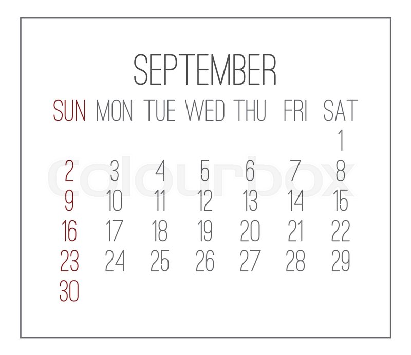 800x692 Plain Contemporary September Year 2018 Vector White Calendar. Week