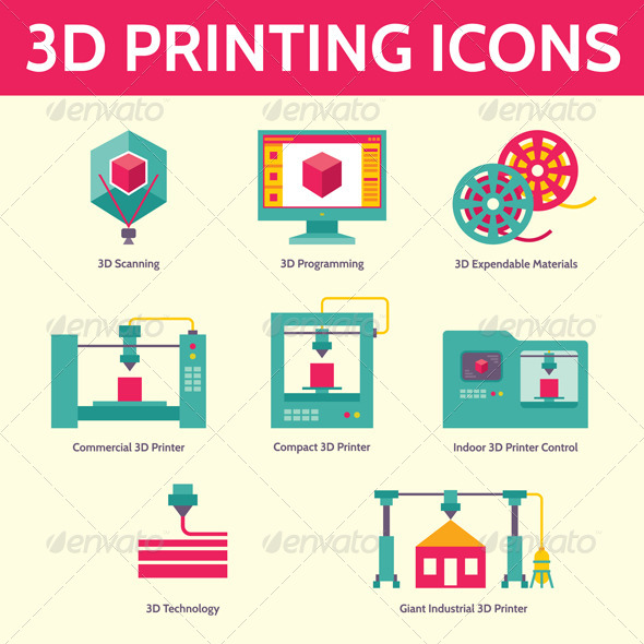 590x590 3d Printing Vector Icons In Flat Design Style By Serkorkin2