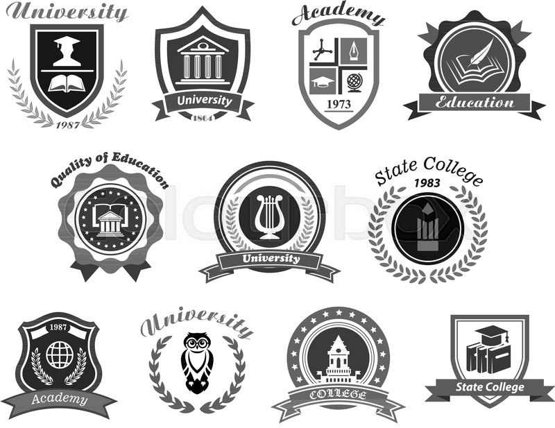 800x617 University, College And Academy Vector Icons. Badge Shields For