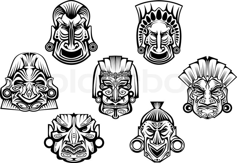 800x551 Religious Masks In Ancient Tribal Style Isolated On White For