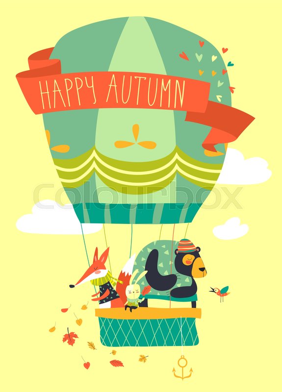 575x800 Funny Friendly Animals In Hot Air Balloon. Vector Illustration