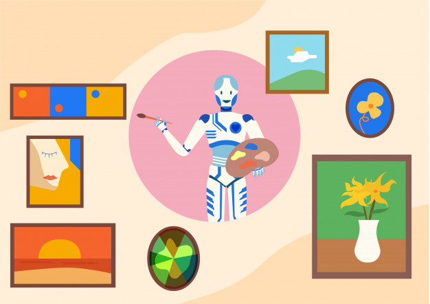 626x442 Robot Stand In Pink Circle With Airbrush Vector Premium Download