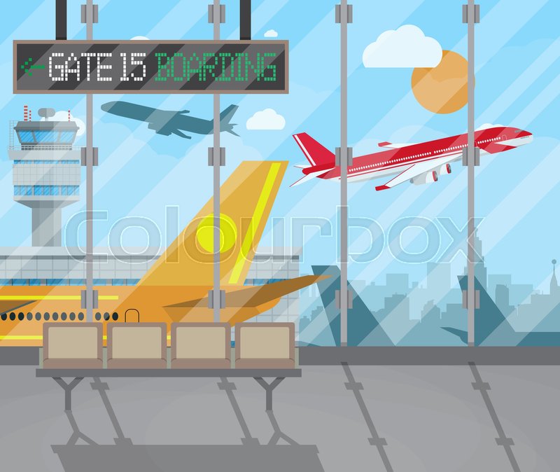 800x674 Airport Terminal With Seats, Plane, Control Tower, Cityscape In