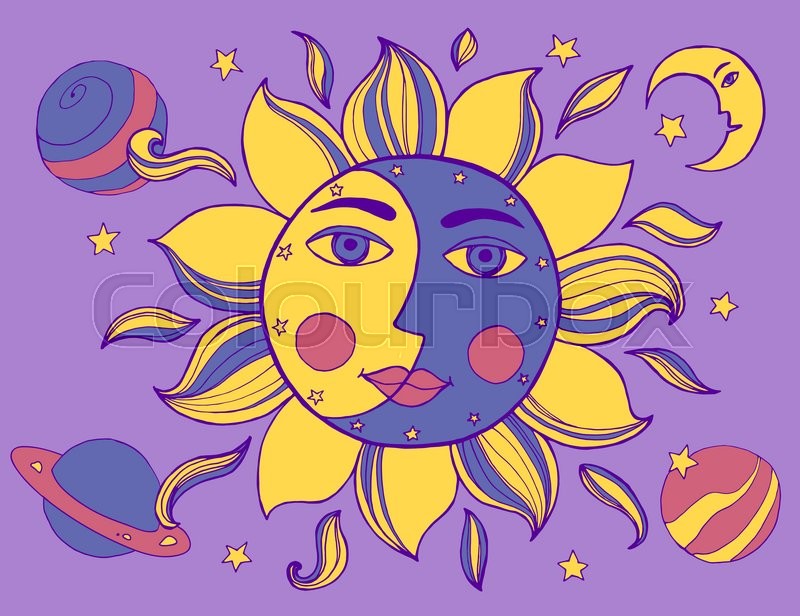 800x616 Sun And Moon In One Face. Alchemy Vector Illustration Stock
