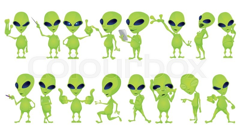800x444 Set Of Aliens Standing With Crossed Arms, Waving Hand, Pointing