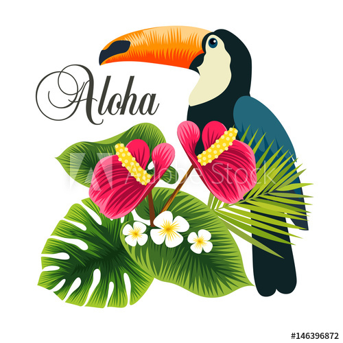 500x500 Beautiful Tropical Plant And Laptop. Aloha. Vector Poster. Summer