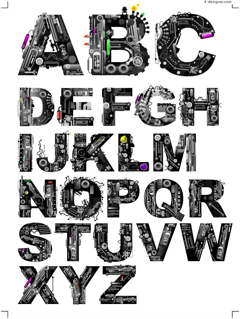 800x1063 4 Designer Cool Mechanical Alphabet Vector Material Typography