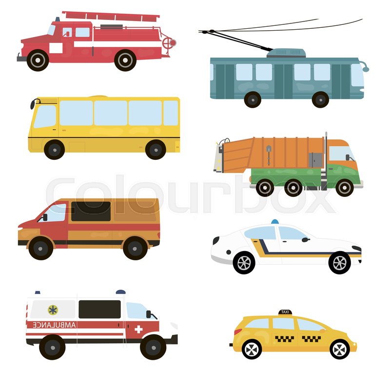 800x800 Cartoon Transport Set. Fire Truck, Trolley, Bus, Emergency, Taxi