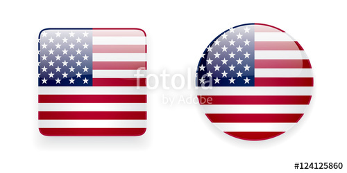 500x250 American Flag Vector Icon Set. Glossy Square Icon And Round Icon