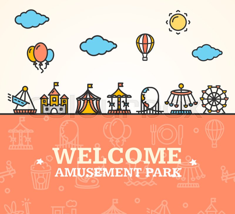 800x727 Amusement Park Welcome Card Invitation Witch Thin Line Icons