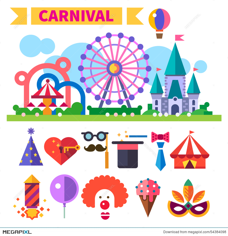 800x830 Carnival In Amusement Park. Vector Flat Icon Set And Illustrations