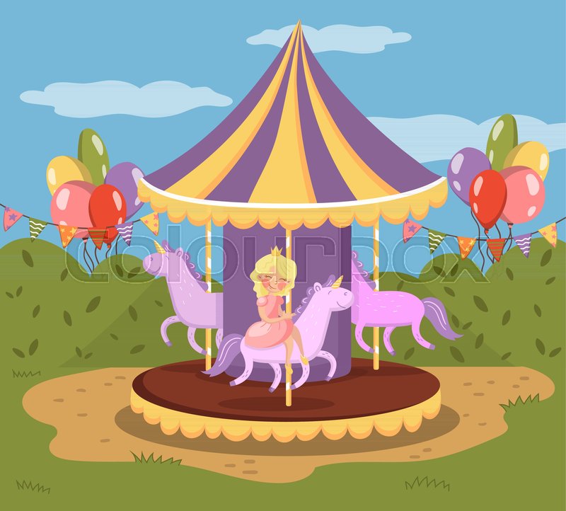 800x722 Vintage Carousel With Horses, Amusement Park Vector Illustration