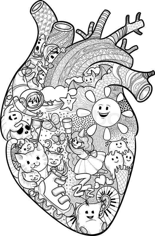 526x800 Anatomical Heart Shape Filled With Funny Doodles Texture Freehand