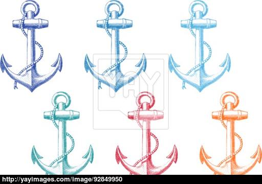 512x360 Vintage Anchor With Rope, Vector Set Vector