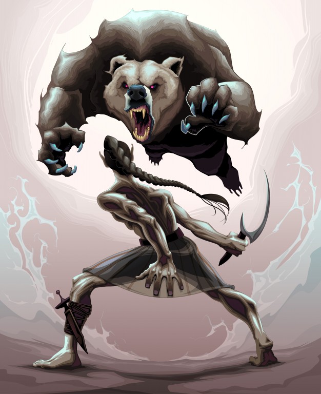 626x768 Battle Scene Between An Elf And An Angry Bear Vector Premium