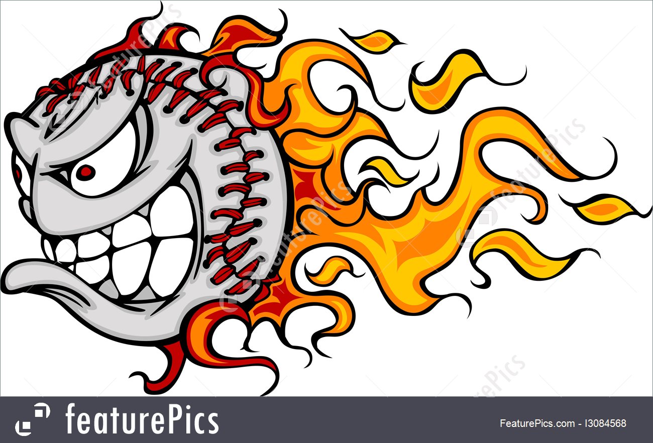 1300x882 Flaming Baseball Or Softball Face Vector Cartoon