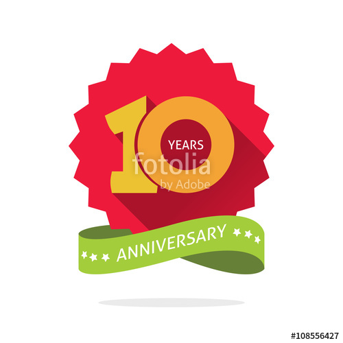 500x500 Shadow On Red Starburst And Yellow Number 10 Ten. 10 Years