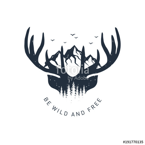 500x500 Hand Drawn Travel Badge With Deer Antlers And Mountains Textured