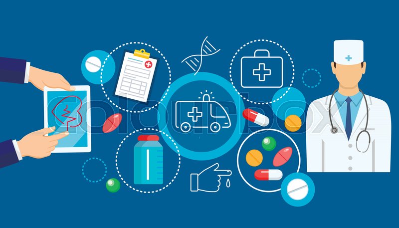 800x457 Online Medicine Banner With Flat Icons Of Digital Healthcare