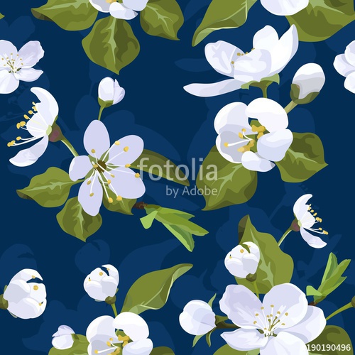 500x500 Apple Blossom Vector Seamless Pattern Flowered Texture On Navy