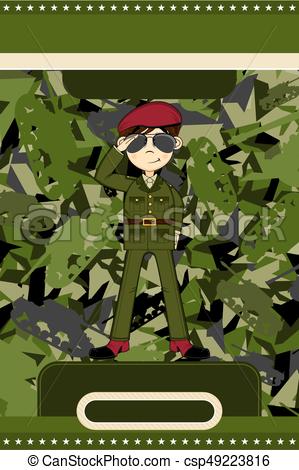299x470 Cute Cartoon British Army Soldier On Camouflage Vector Illustration.