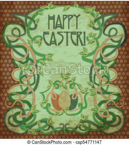 416x470 Happy Easter Background In Art Nouveau Style, Vector Illustration.