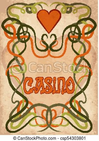 329x470 Casino Poke Hearts Card In Art Nouveau Style, Vector Illustration.