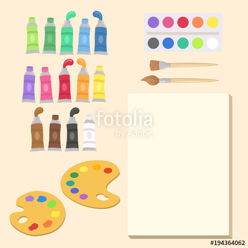 500x500 Art Supplies Set Vector Illustration Cartoon. Paint Tubes, Palette